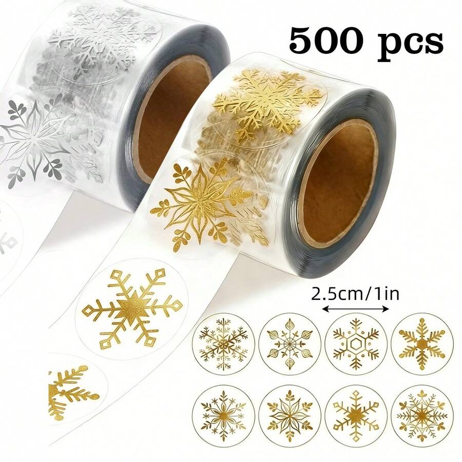 500 Stück transparente Gold & Silber Schneeflocken Doodle Rollenaufkleber, 1 Zoll rund, 8 Arten von Gold & Silber Schneeflocken, doppelt transparentes Material, Neujahr Weihnachts Feiertag Party Umschlag Magazin Dekoration DIY Zubehör, PVC selbstklebende Versiegelungsaufkleber - Transparente Schneeflocken - Übersicht 1