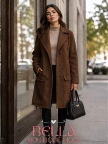 Women's Long Wool Coat, Parka, Or Overcoat, Elegant With Front Buttons - Rust Brown - View 1
