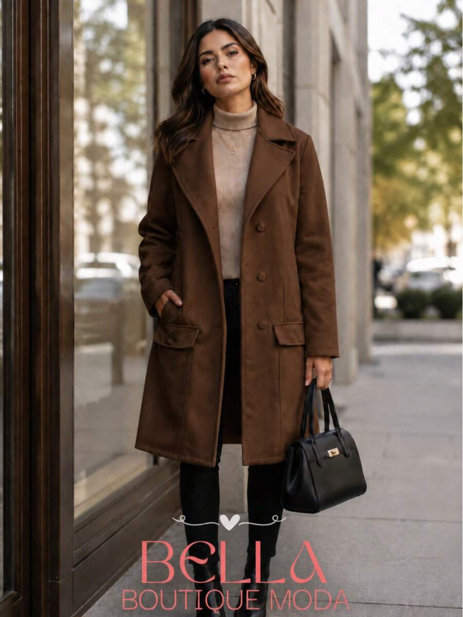Women's Long Wool Coat, Parka, Or Overcoat, Elegant With Front Buttons - Rust Brown - View 1