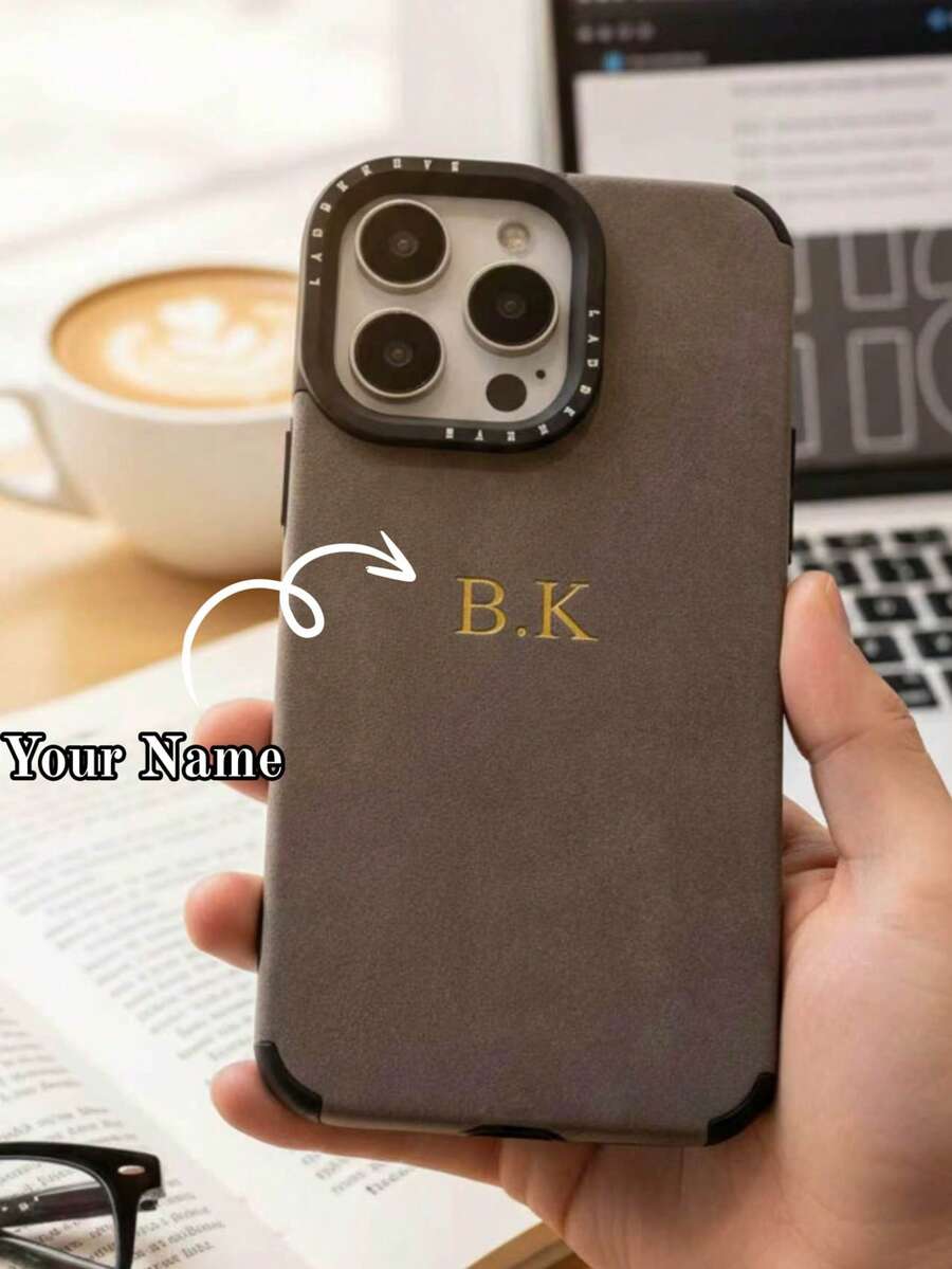 Personalized Custom Name Initial Phone Case, Compatible With 17/16/15/14/13/12/11 Pro Max/17 Air, Luxury Suede PU Leather Soft Back Cover, 3D DIY Engraving, Birthday/Holiday Gift