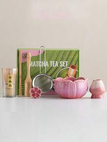 7-Piece Pink Lotus Matcha Tea Set, Japanese Matcha Whisking Set, Includes Bamboo Tea Whisk, Tea Scoop, Sifter, Ceramic Bowl, Tea Whisk Holder And Flower Holder, Traditional Matcha Making Tools, Suitable For Tea Lovers - Multicolor - View 1