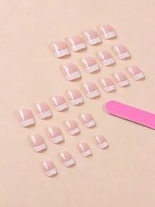 24pcs French Stiletto Nail Kit - Nude And White, Short Square Acrylic False Nails With Jelly Stickers, Easy To Apply - Suitable For Office And Casual Occasions. Nail Art Supplies, Nail Stickers. - Multicolor - View 2