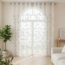 1 pieza Cortina de tul transparente con base blanca y bordado de flores pequeñas en color verde claro, estilo floral francés pastoral fresco, de poliéster semitransparente con dobladillo ondulado rectangular, cortina decorativa de gasa que filtra la luz, filtra la luz suavemente, ligera y brumosa para decoración de ventanas, adecuada para dormitorio, sala de estar, ventana mirador, decoración suave, escena del hogar pastoral fresca y curativa, uso en todas las estaciones - Verde - Ver 4