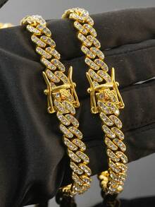 9mm Shiny Chunky Chain Design Rhinestone Studded Hip Hop Bracelet + Necklace Set, Suitable For Daily Wear And Party Decoration - Hip Hop Necklace Set - View 5