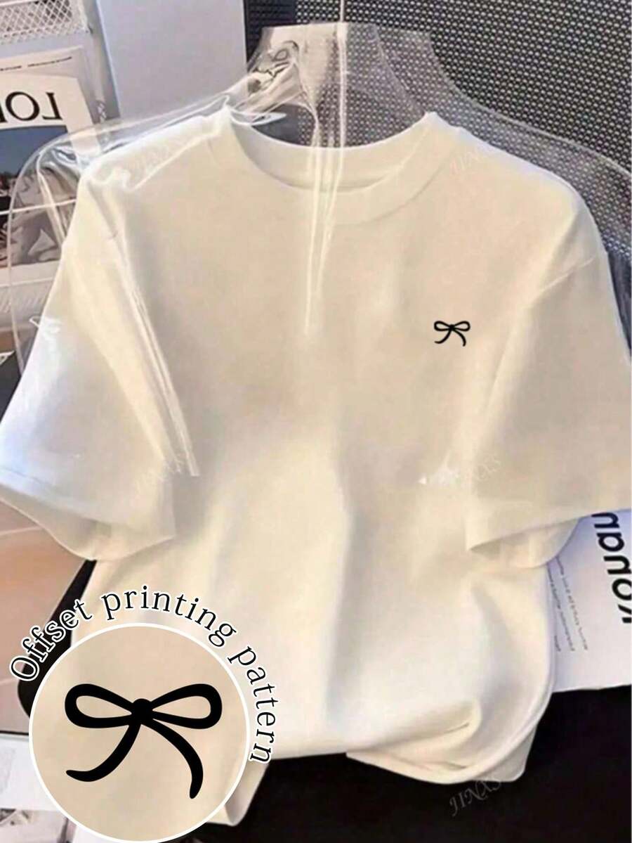 Short-Sleeved T-Shirt With Bow Print, Loose Fit, For Spring/Summer, For Casual Wear - 白色的 - 查看 1