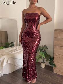 Robe longue sirène élégante pour femme, rouge bordeaux à sequins, bretelles spaghetti, encolure droite, coupe slim, robe de soirée adaptée pour dîner et invitée de mariage - Rouge foncé - Voir 1