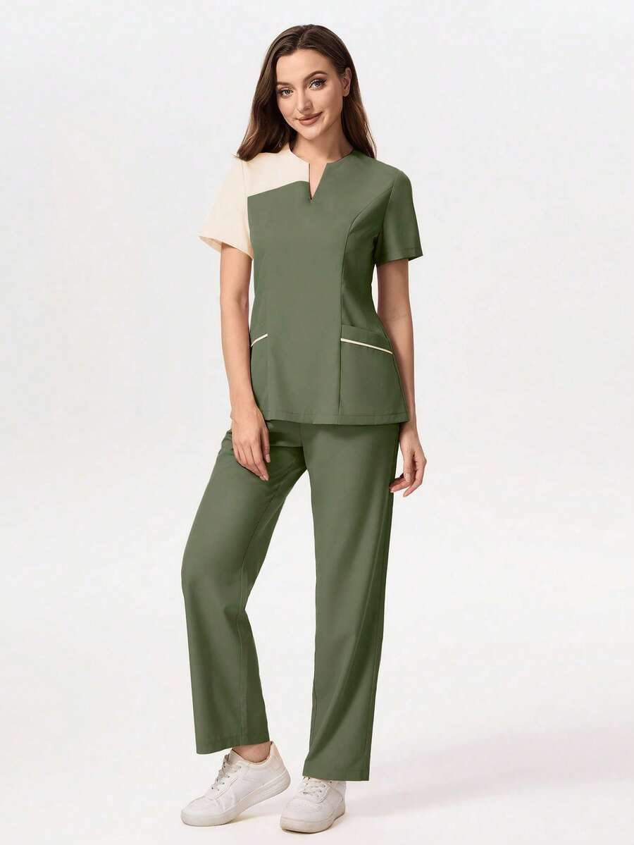 TaskEZ Medical Pajama Uniform Set With Short Sleeve V-Neck Top And Contrasting Pants - Army Green - View 1