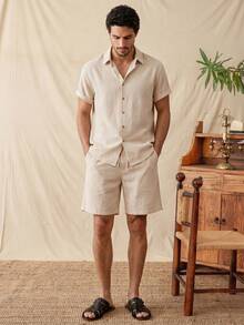 glestore 男士復古休閒「老錢風」襯衫套裝，紋理面料，時尚度假穿搭，百搭衣櫥必備 - 米色 - 查看 6
