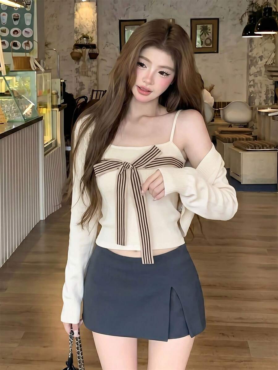 Autumn/Winter Sweet Minimalist Sexy Style Striped Bow Camisole + Short Knit Cardigan 2pcs Set Women's Clothing, New Year Atmosphere Autumn Outfit - Apricot - View 1