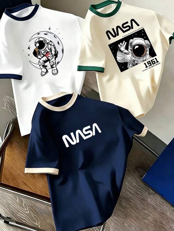 3 piezas/Set Conjunto de Camiseta con Estampado de Niños & Astronauta, Top Casual de Verano de Manga Corta y Cuello Redondo