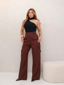 YING ZI Wide Leg Buckle Pocket Tailored Color Pants - Rust Brown - View 2