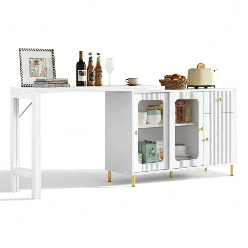 Moderner weißer Buffet-Sideboard mit klappbarer und ausziehbarer Tischplatte, drehbarer Oberfläche, goldenen Metallbeinen, Glasschiebetüren und Wellenmuster – Perfekt für Esszimmer und Küche - Weiss - Übersicht 1