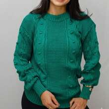 Women's Green Ribbed Sweater With A Crew Neck And Wrist-Length Sleeves, Made From A Warm, Medium-Stretch, Wool-Like Fabric, Ideal For Winter. - 綠色 - 查看 2