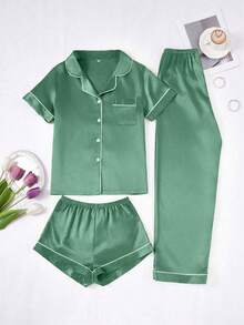 Set de pijama de 3 piezas para mujer de unicolor con ribete de contraste en seda sintética - Naranja - Ver 1