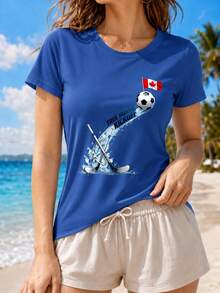 Ladies Summer Top World Cup Maple Legion Printed Round Neck Short Sleeve T-Shirt, Fan Gifts, Vacation, Fitness, Outdoor Activities - Blue - View 5