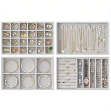 4pcs Velvet Jewelry Storage Tray, Stackable Multi-Compartment Jewelry Organizer, Large-Capacity Earrings, Necklaces, Rings, Bracelets, Watches, And Fashion Glasses Storage Box, Vanity Drawer Inset Display Box - Multicolor - View 8