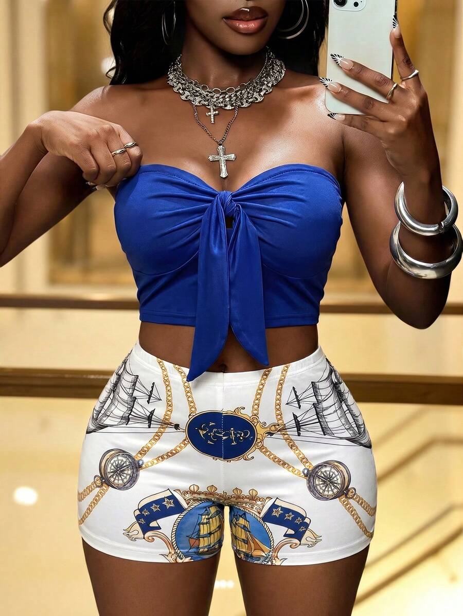 AIJ Amarilo Elegant Sexy Backless Tie-Front 2 Pieces Set, Made Of Moderate Stretch Fabric, Suitable For Summer Vacation, Beach, Casual Party - White and Blue - View 1