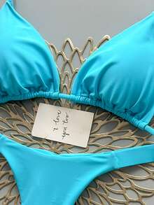 2Pcs Heart Beach Casual Cute Elegant Sexy Bohemian Braided Lace-Up Bikini Swimwear For Beach Vacation Spring Summer, Euro Summer - Baby Blue - View 4