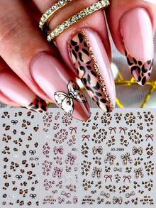Cute Leopard Print Bow Nail Stickers, Thin Self-Adhesive Nail Art Decals With Brown Leopard Spots & Bow Patterns, Easy Apply Nail Decor For Women Girls - Multicolor - View 3