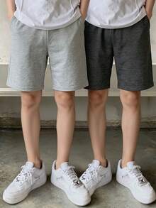 2件組青少年男孩夏季休閒戶外百搭直筒膝蓋長度短褲，黑色與灰色 - 彩色 - 查看 11
