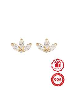 18K镀金925纯银镶嵌立方氧化锆莲花形耳钉，女士日常佩戴 - Zircon Stud Earrings - 查看 1