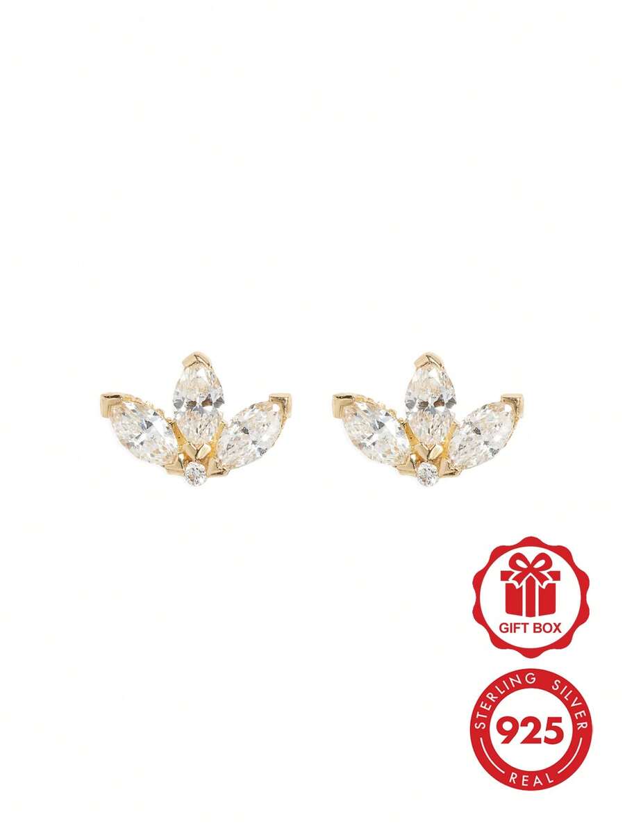 18K镀金925纯银镶嵌立方氧化锆莲花形耳钉,女士日常佩戴 - Zircon Stud Earrings - 查看 1