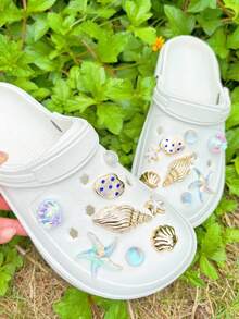 16pcs Gold Conch Shell Accessories, Transparent Starfish, Gold Shell Detachable Shoe Charms, Fashionable And Elegant, Suitable For Perforated Sandals - Multicolor - View 6