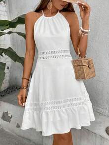 Vestido con bajo asimétrico y espalda descubierta con detalles de encaje disolvible, vestido sexy de mujer con espalda descubierta, encaje d - Marrón - Ver 7