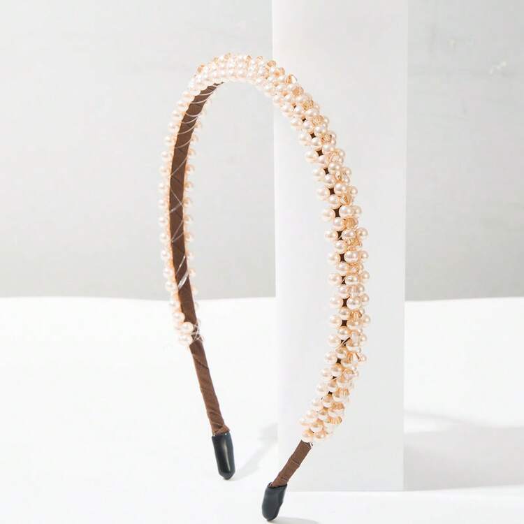 1pc Minimalist Sweet Solid Color Pearl Thin Rim Headband Elegant Beautiful Fairy Hair Hoop Suitable For Women Travel Vacation Wear Hair Accessory Clothing Accessory - FG719 - Brown - View 4