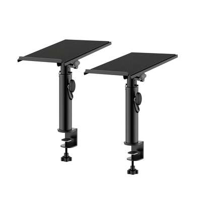 Par de Soportes para Monitores de Estudio – Soportes para Altavoces con Pinza de Escritorio Resistente, Ángulo de Inclinación Ajustable de 0-12°, Altura Ajustable de 10.4 a 15.4 Pulgadas, Soporta hasta 60 Lbs, Almohadillas Antivibración, Diseño Ahorrador de Espacio