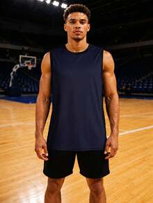 Men's Solid Color Sleeveless Fitness Tank Top, Tight Workout Top Sports - Navy Blue - View 4