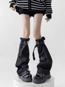 polve 1 Pair Japanese Style Cute Dark Black Star Pattern Y2K Punk Over-The-Knee Buckle Strap Leg Warmers - Black (can Be Worn Within Calf Circumference 38cm) - View 2
