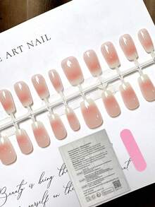 30pcs Nude Peach Gradient Press-On Nails, Clean Transparent Minimalist Versatile Daily Short Square Removable Nail Tips, Includes 1pc Jelly Glue And 1pc Nail File - 淺粉色 - 查看 6