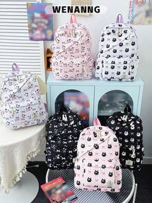 1pc Cute School Style Cat/Dog/Bow Print Nylon Backpack, Lightweight Large Capacity School Day Bag, Adjustable Shoulder Strap Bookbag, Suitable For Girls/Teens/Students/Graduates, Ideal For Daily Use, Outings, Travel, School And Back To School Season. - Multicolor - View 9