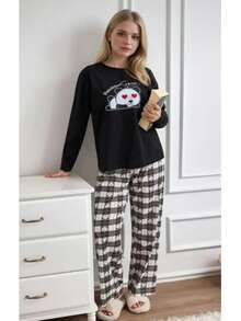 Women's Printed Pajama Set Fabric Soft Breathable Comfortable Sleepwear and Loungewear Set - 黑色 - 查看 4