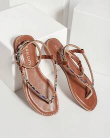 BERALLUTY WOMEN'S FLAT SANDAL WITH STRASS AND GLITTER, COMFORTABLE - Camel - Ver 5