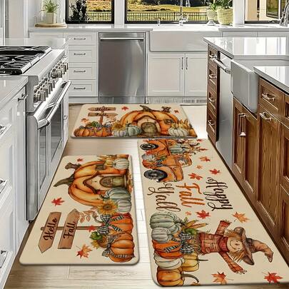Autumn Set |   Farmhouse Style Non-Slip Kitchen Mats With Pumpkin Corn & Fall Leaf Design - Plush Thanksgiving Harvest Decor - Washable Soft Entryway, Bathroom, Living Room |   Fiber Beige/Brown