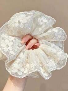 1pc Korean Style Ethereal 4-Layer Mesh Flower & Pearl Hair Scrunchie, Sweet Hair Tie For Bun, Ponytail Elastics Rubber Bands - White - View 1
