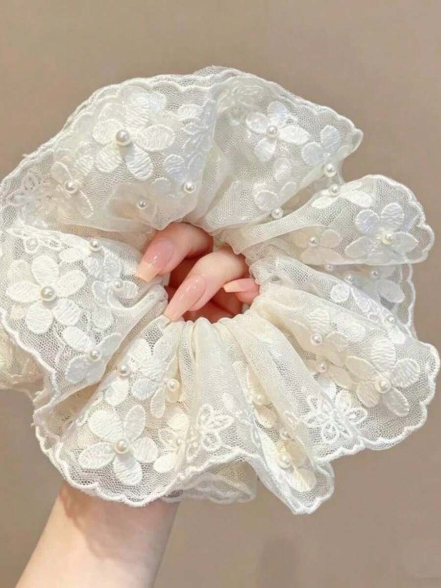 1pc Korean Style Ethereal 4-Layer Mesh Flower & Pearl Hair Scrunchie, Sweet Hair Tie For Bun, Ponytail Elastics Rubber Bands - White - View 1