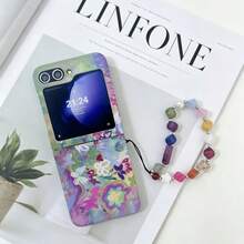 可愛油畫蝴蝶圖案手機殼，附不對稱珠飾腕帶，適用於 Galaxy ZFlip7 Z Flip6 ZFlip 5 Zflip6 Zflip5 防震後蓋 - 藍彩 - 查看 5