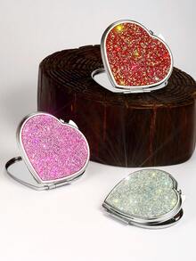 BLBLBL 1PC Brand New Diamond Style Multi-Color Shiny Cute Luxury Heart-Shaped Portable Pocket Flip Cover Makeup Mirror, Crafted With A-Grade Artificial Rhinestones, Elegant Handheld Mirror Suitable For Daily, Travel, Business Trip Makeup Use - Silver Plating - View 6