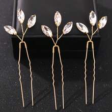 3pcs Elegant Glass Hair Sticks Bun Accessories Bridal Wedding Minimalist Sparkling Crystal Hair Ornaments - Gold - View 2