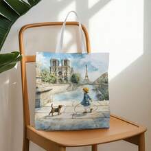 1 buah Tas Tote Romantis Paris Impresionis, Menampilkan Gambar Gadis Berjalan dengan Anjing di Bawah Menara Eiffel, Tas Belanja yang Dapat Digunakan Kembali, Cetak Dua Sisi Multifungsi, Desain Kasual, Sempurna untuk Pecinta Buku - MultiWarna - View 3