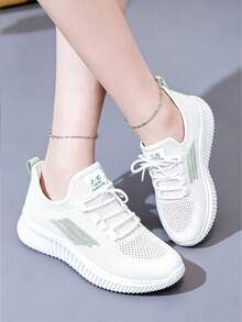 Spring/Summer Striped Breathable Mesh Women's Sports Shoes, Lightweight Soft-Sole White Sneakers, Versatile Casual Running Shoes For Daily Commute - Green - View 1