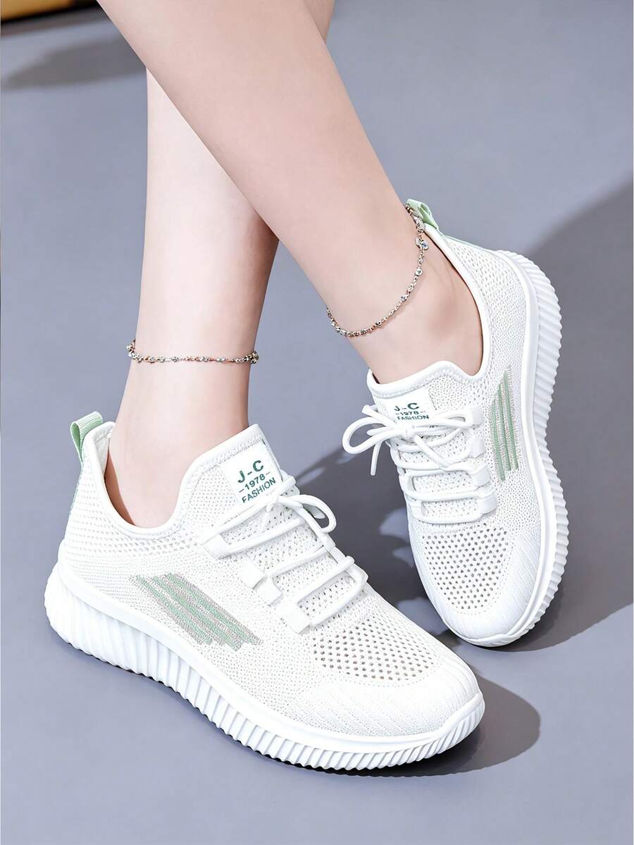 Spring/Summer Striped Breathable Mesh Women's Sports Shoes, Lightweight Soft-Sole White Sneakers, Versatile Casual Running Shoes For Daily Commute - Green - View 1