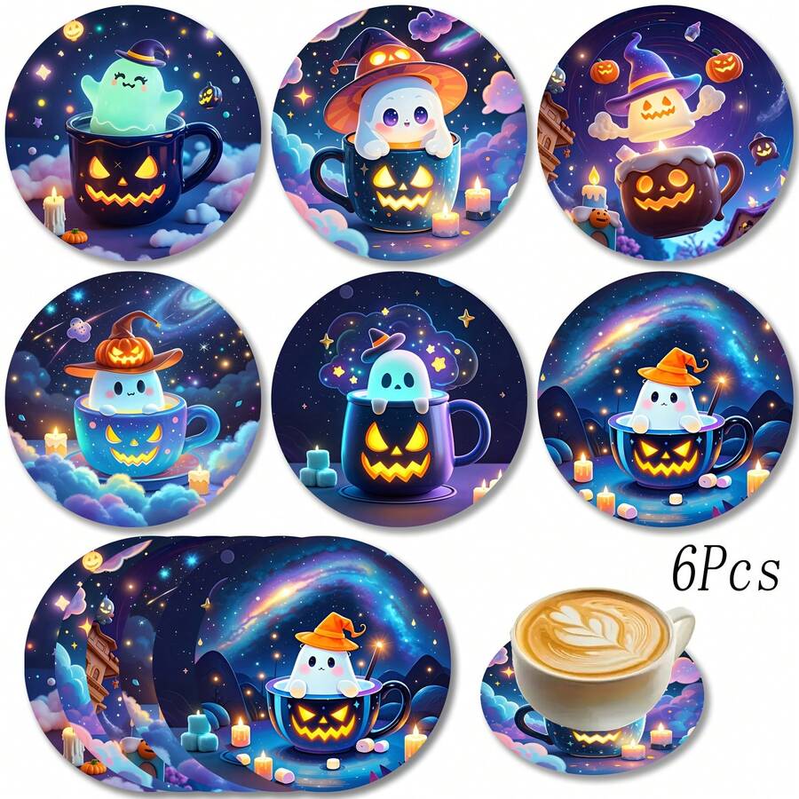 6入組 PET 杯墊，卡通星空幽靈萬聖節耐熱杯墊，可水洗，高CP值，適合活動與派對裝飾、桌面中心裝飾，萬聖節、聖誕節、感恩節節慶裝飾