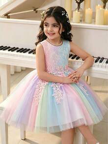 Girls' Princess Lace Rainbow Tulle Dress, Colorful Gradient Puff Mesh Dress For Birthday Party, Holiday, Performance, Ballet Dance, Sleeveless Cute Backless Dress For Girls - Multicolor - View 5