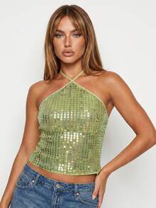 Women Fashion Sequin Tank Tops Trendy Halter Neck Sleeveless Open Back Summer Vest for Party - Verde - Ver 4