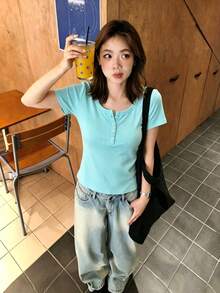 女款純色圓領修身顯瘦彈性白色半透短袖T恤上衣，正肩款，百搭休閒夏季上衣 - 淺綠色 - 查看 5
