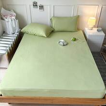 純色親膚磨毛貼合床單3件套（1件貼合床單+2件枕套），適用於臥室與客房，四季皆宜，可機洗，深綠色/藍色/深咖啡色/酒紅色/淺黃色/咖啡棕色/淺灰紫色/白色 - 淡綠 - 查看 7
